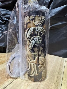 Source Unknown Brown and Cream Pug Floral Insulated Tumbler